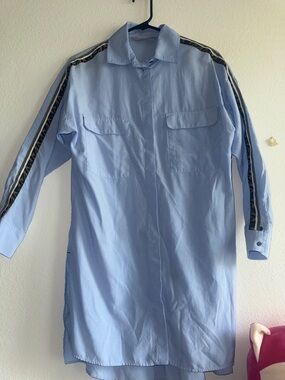 Zara Light Blue Shirt Dress with Navy & Gold Sleeve Stripe